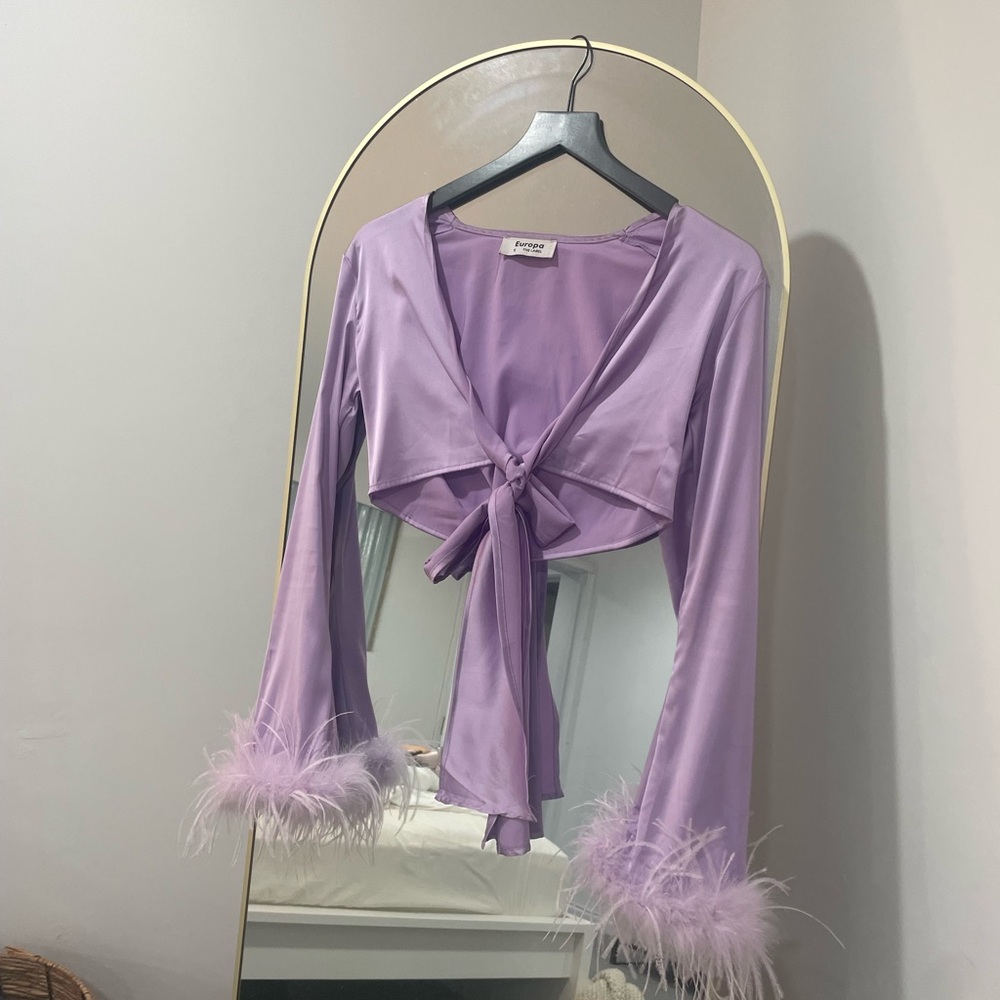 Purple Tie-Front Top with Feather Cuffs